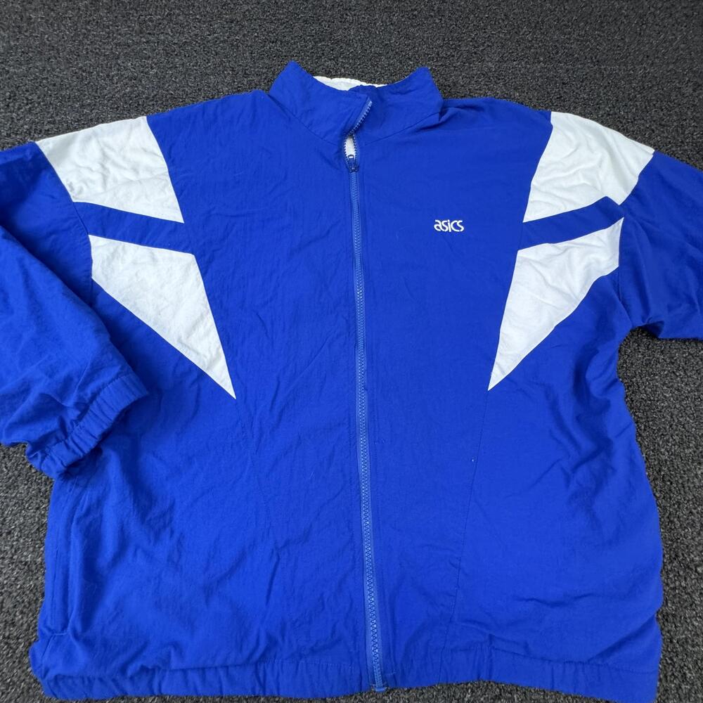 Vtg ASICS Jacket Mens L Blue Colorblock Windbreaker Full Zip Stand-Up Collar